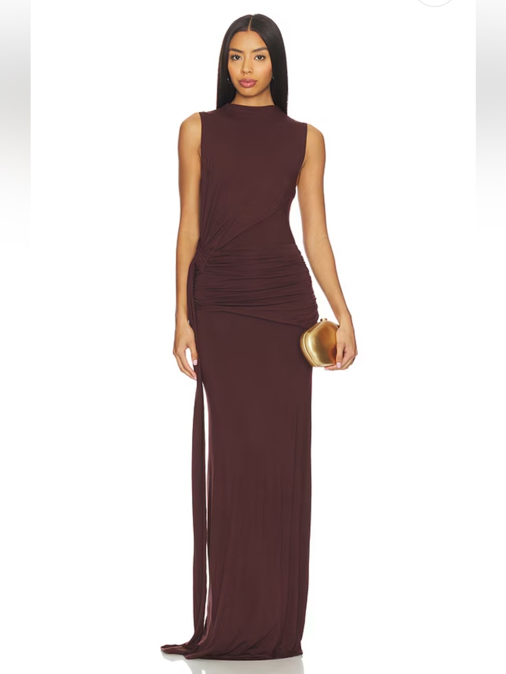 Sleeveless Side-Ruched Maxi Dress in Chocolate Brown